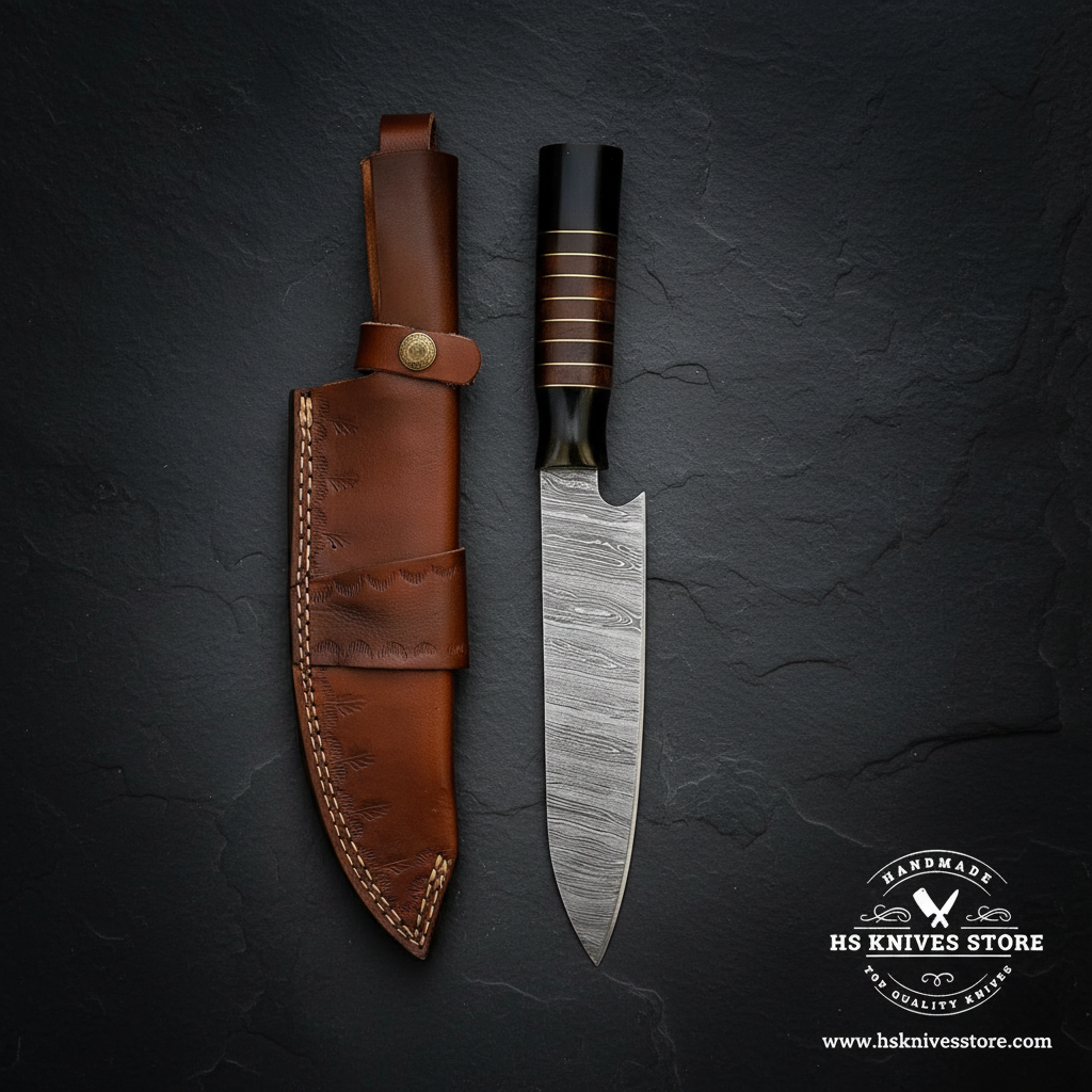Damascus chef knife displayed vertically on dark slate with buffalo horn wood handle and embossed leather sheath luxury shot