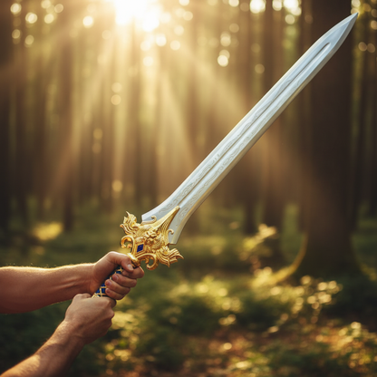 Hands gripping royal broad sword blue handle raised dramatically in outdoor forest setting with golden sunlight