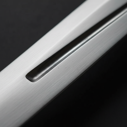 Fantasy sword blade macro showing polished silver finish and central fuller groove detail