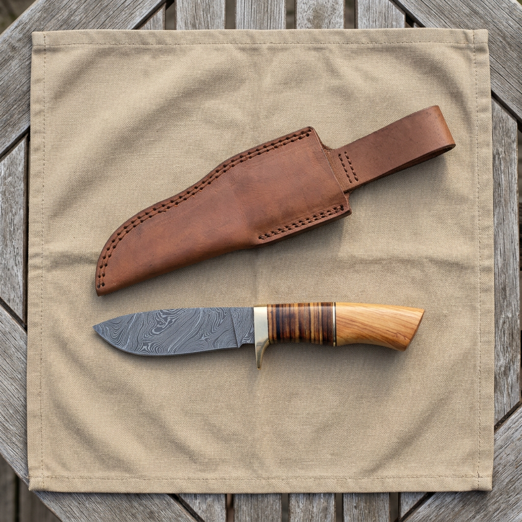 Overhead camping display of 8-inch overall Damascus skinner and sheath
