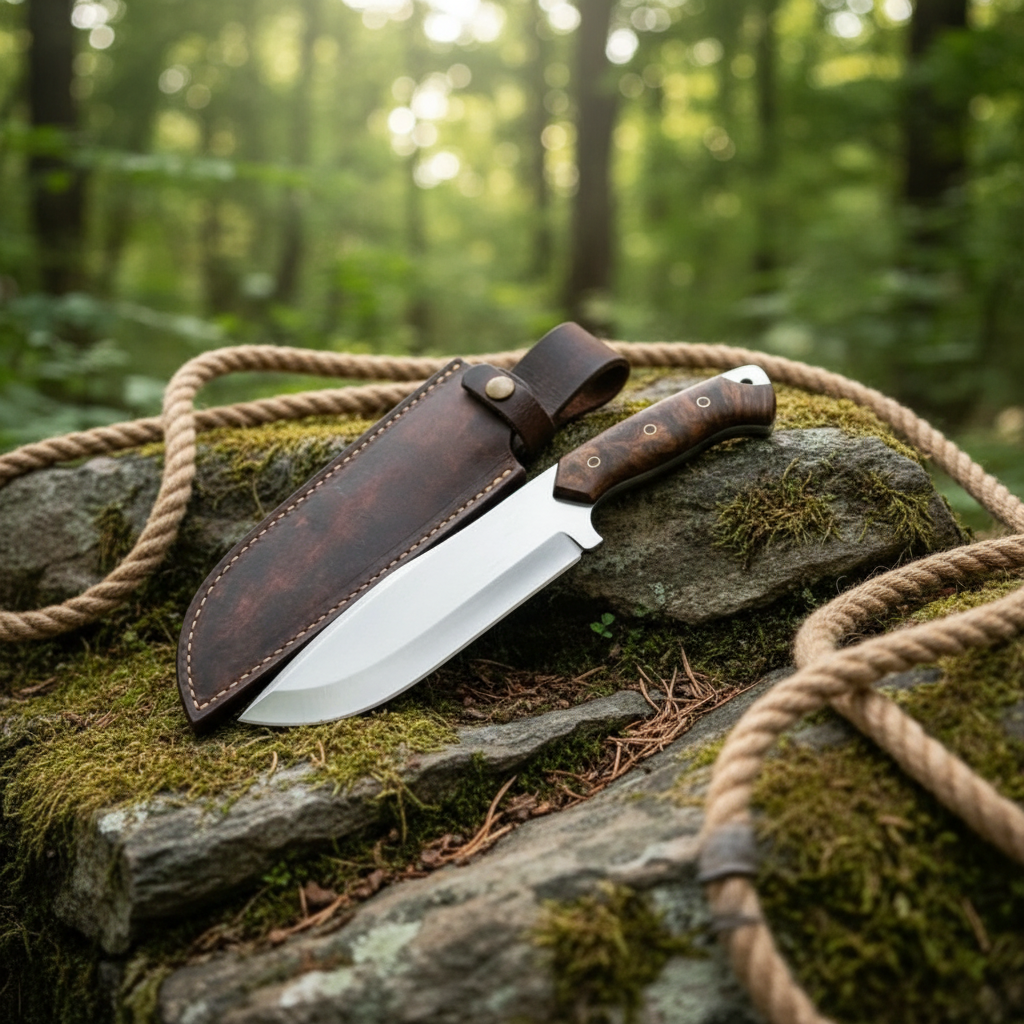 Handmade D2 steel Bowie knife stabilized burl wood handle resting on mossy forest rocks outdoor setting