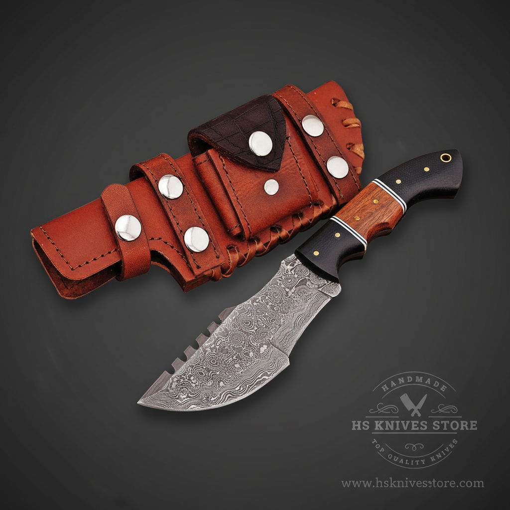 Damascus steel tracker knife two-tone micarta rosewood handle rust leather multi-pocket sheath dark charcoal studio mirror direction