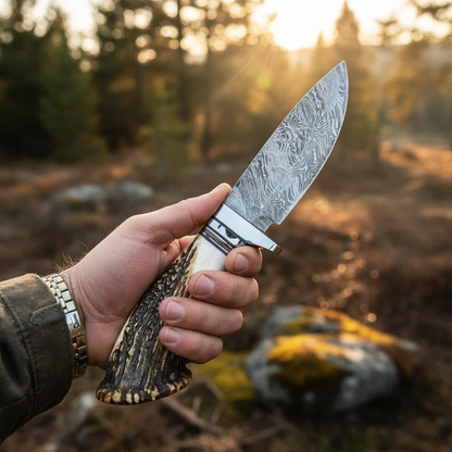 Hunter hand gripping Damascus skinner knife antler handle outdoors