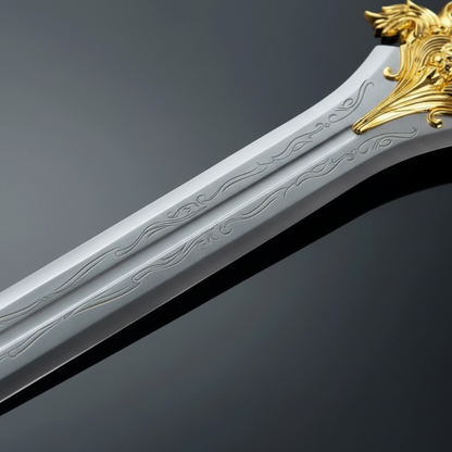 Royal broad sword blade macro showing polished silver finish double fuller grooves and gold scroll engravings