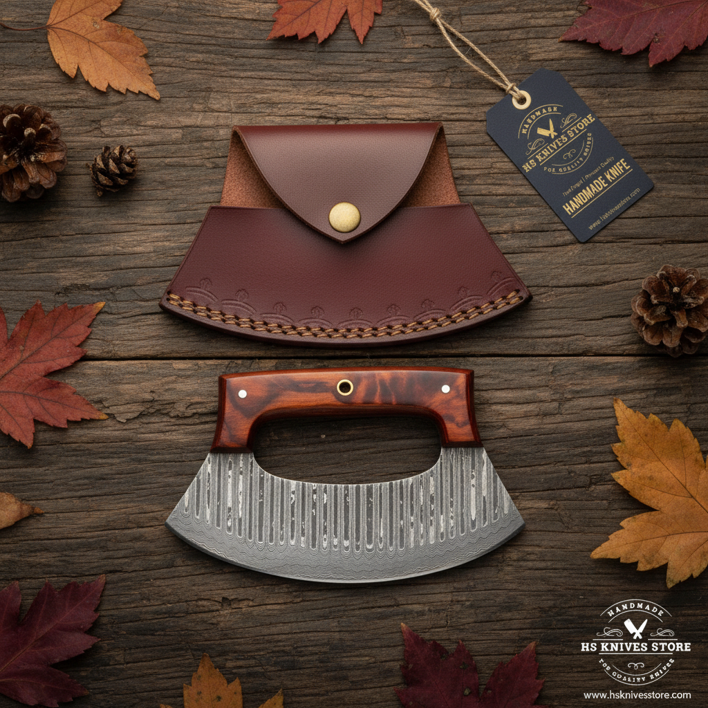 Damascus ulu knife flat lay with tortoiseshell resin handle and HS Knives Store hang tag on rustic dark wood with autumn leaves