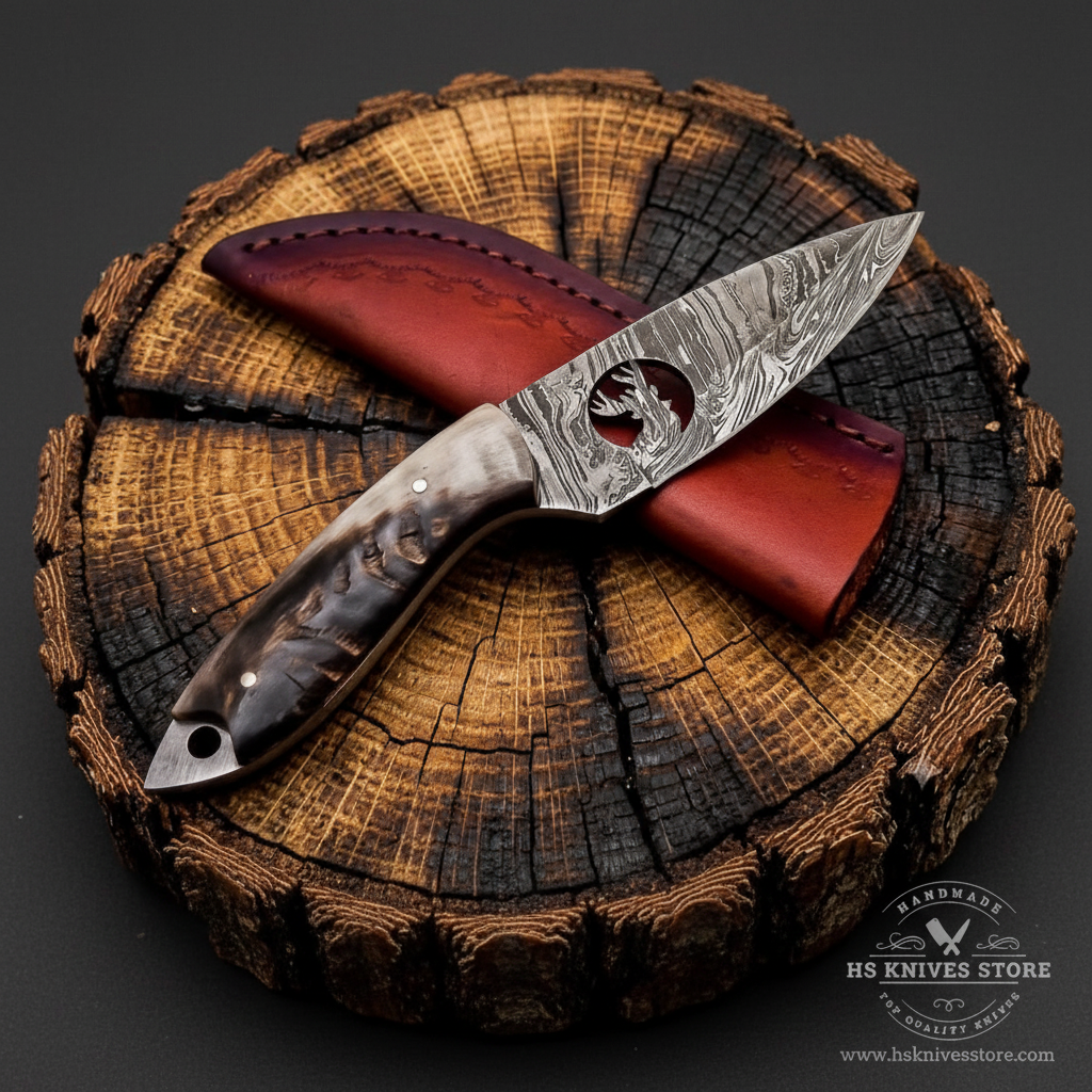 Damascus steel skinner knife ram horn handle thumb hole blade dark burgundy leather sheath dark charcoal studio background
