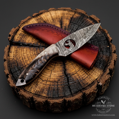Damascus steel skinner knife ram horn handle thumb hole blade dark burgundy leather sheath dark charcoal studio background