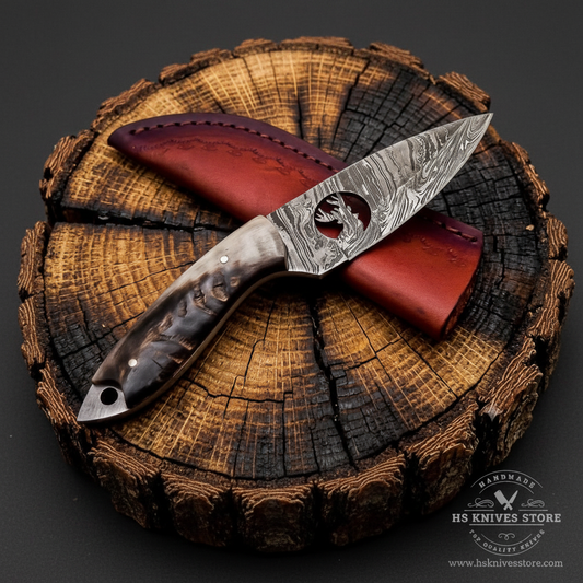 Damascus steel skinner knife ram horn handle thumb hole blade dark burgundy leather sheath dark charcoal studio background