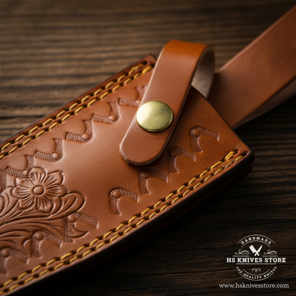 Close-up macro of tan brown tooled leather sheath with decorative pattern and snap button for Damascus Bowie knife