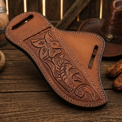 Hand-tooled floral engraved leather sheath Damascus hunting knife close-up