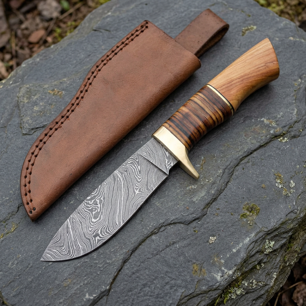 Left-angle view of olivewood Damascus knife and brown sheath on woodland shale