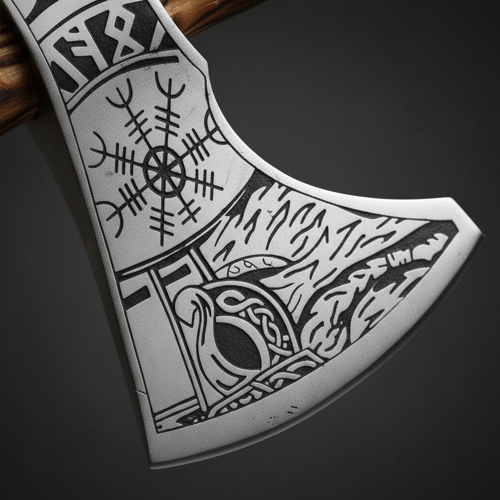 Close-up macro of Viking axe head showing engraved Vegvisir compass Celtic knots warrior face and runes