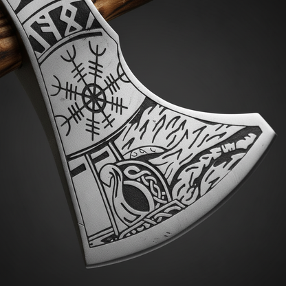 Close-up macro of Viking axe head showing engraved Vegvisir compass Celtic knots warrior face and runes
