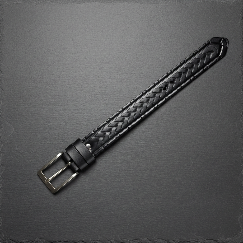 Hand-tooled black leather western belt flat straight dark grey slate braided woven pattern