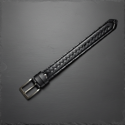 Hand-tooled black leather western belt flat straight dark grey slate braided woven pattern