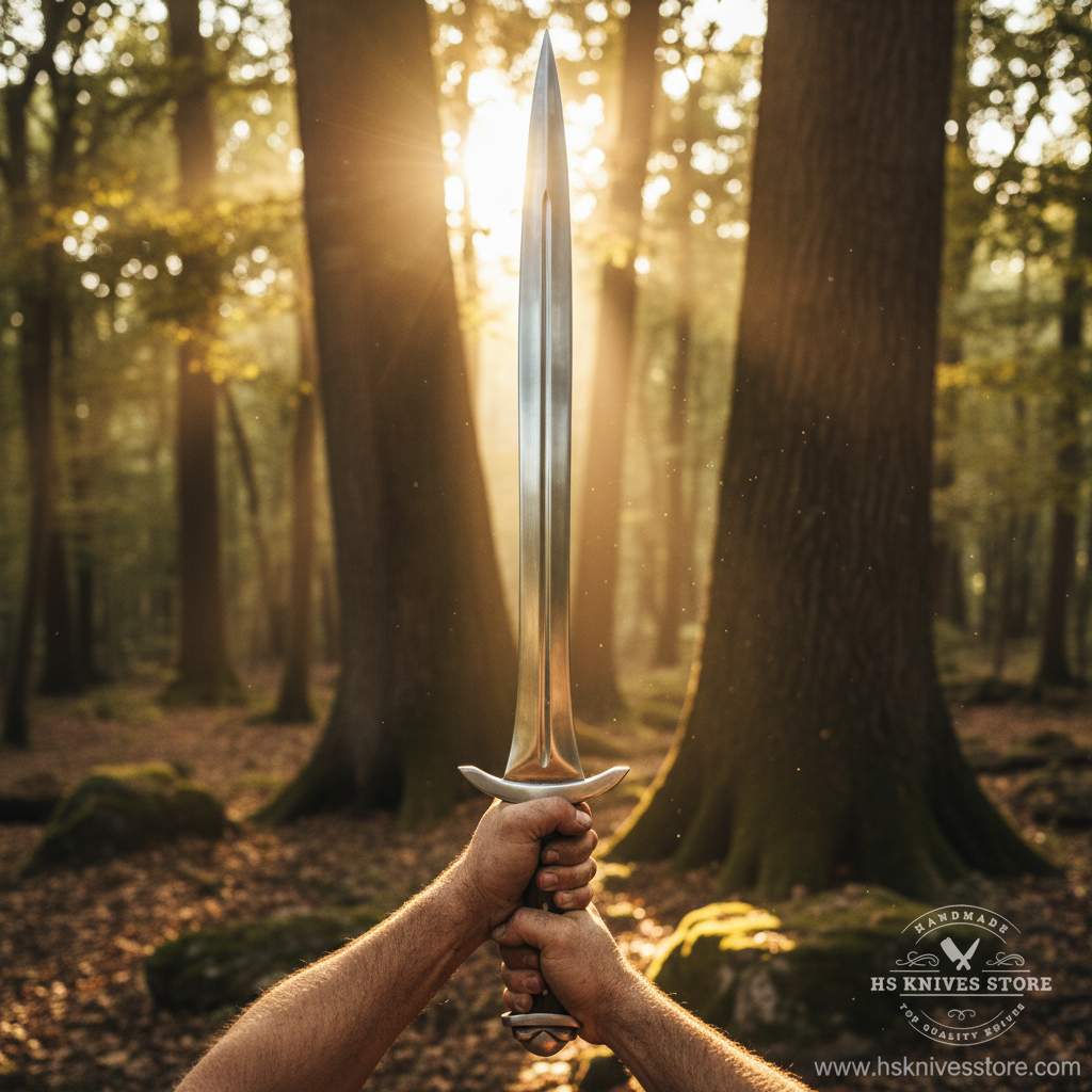 Warrior hands gripping rosewood handle D2 steel Viking sword upright in outdoor forest setting with golden light