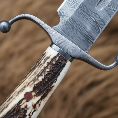 Extreme close up macro shot of stag crown antler handle and double crossguard on Damascus steel Bowie knife bokeh background