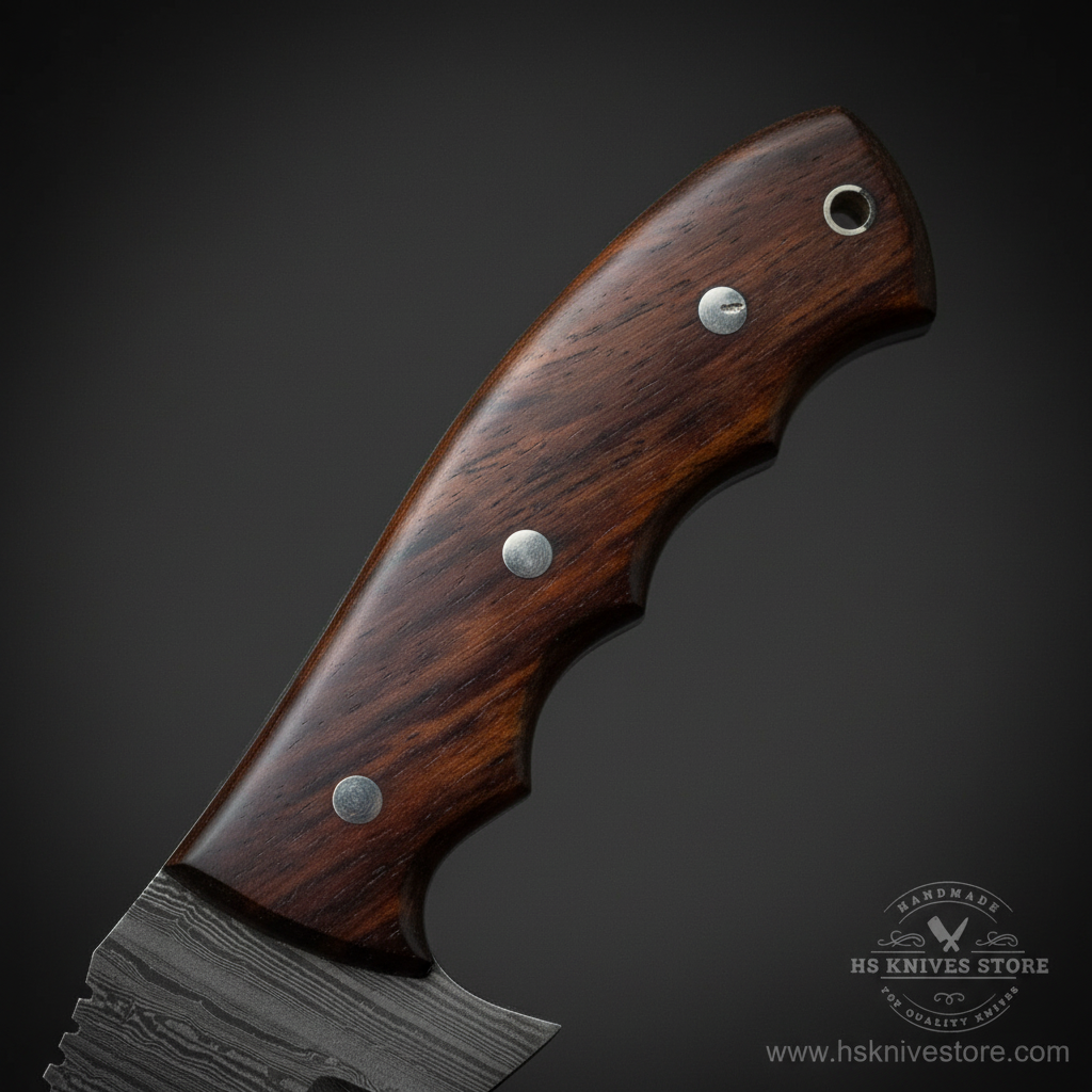 Close-up of a knife handle made of polished dark brown wood with three silver rivets, attached to a patterned steel blade, shown against a dark gray background. A watermark for 'HS Knives Store' is visible in the bottom right corner.