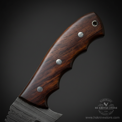 Close-up of a knife handle made of polished dark brown wood with three silver rivets, attached to a patterned steel blade, shown against a dark gray background. A watermark for 'HS Knives Store' is visible in the bottom right corner.