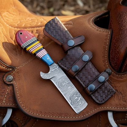 Damascus steel cowboy bull cutter hunting knife on a Western leather saddle