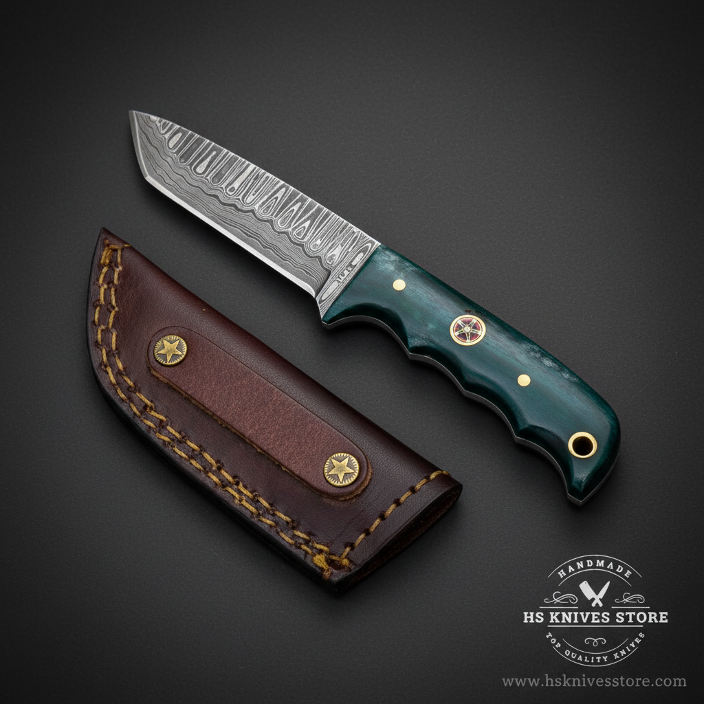 Damascus tanto skinner knife with dark teal bone handle and burgundy leather sheath on dark charcoal studio background facing right