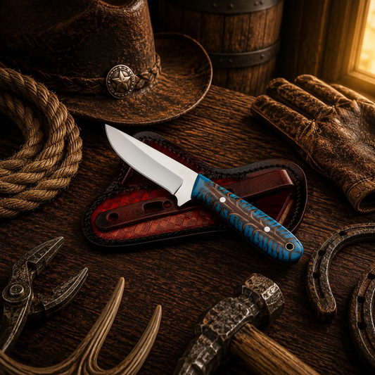 Back and reverse view of a full-tang D2 cowboy knife with turquoise pine cone handle beside its leather pancake sheath