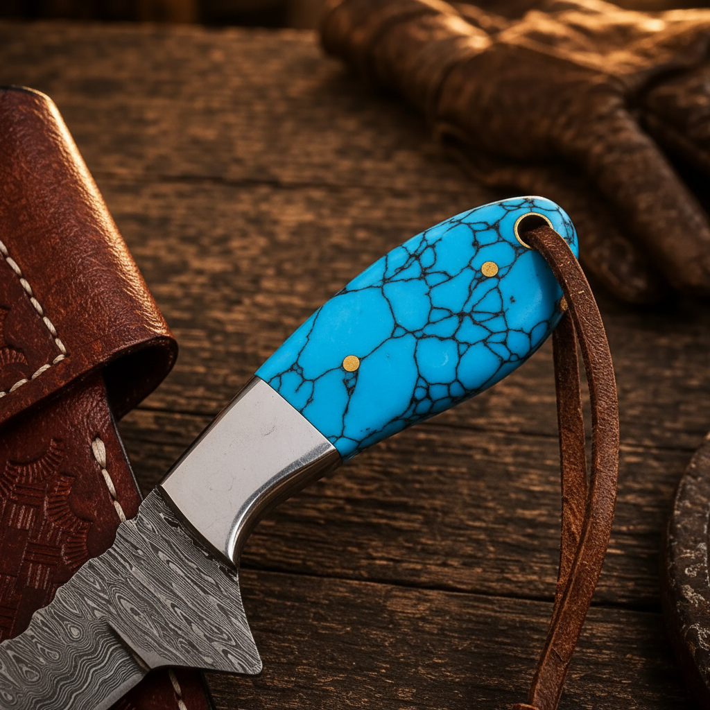 Macro detail of the premium turquoise handle on a full-tang handmade Cowboy Bull Cutter Knife