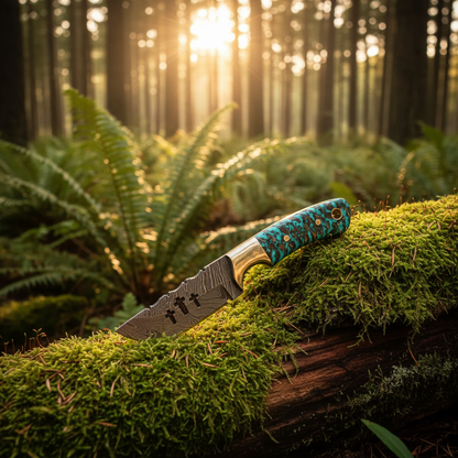 Damascus skinner knife turquoise resin handle resting on mossy forest log golden hour sunlight