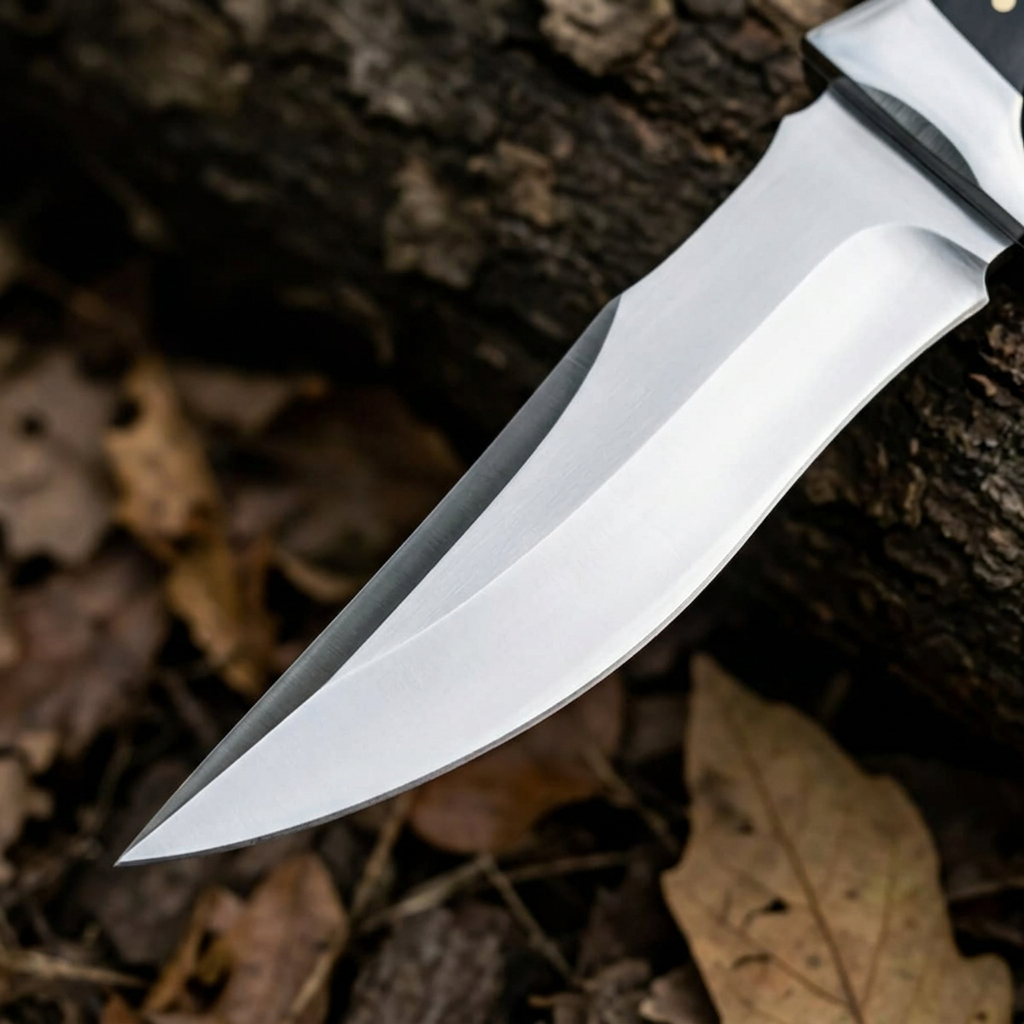 D2 Bowie blade close-up showing bright bevel and clip-point profile
