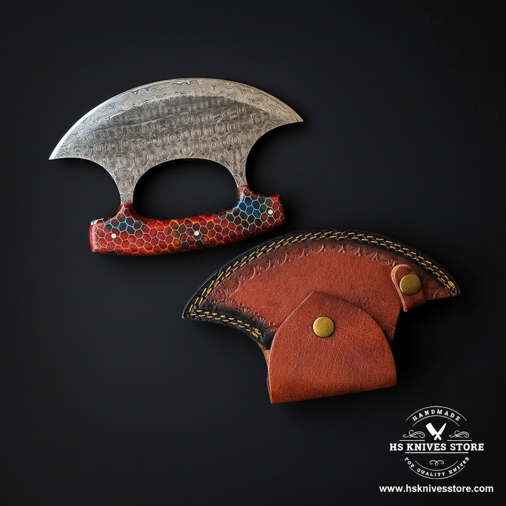 Damascus ulu knife with honeycomb resin handle and crescent leather sheath mirror view on dark charcoal background