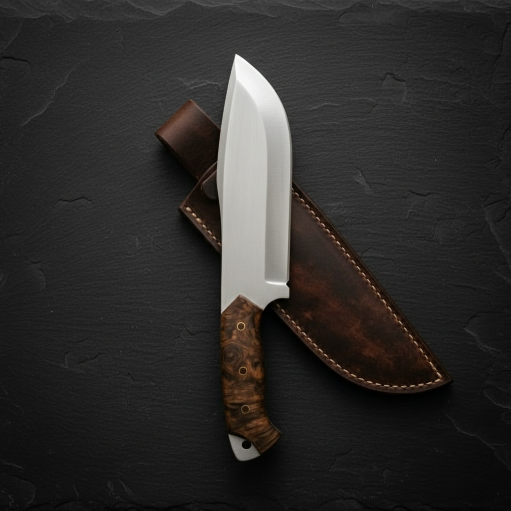 Handmade D2 steel Bowie knife stabilized burl wood handle vertical dark slate background luxury shot