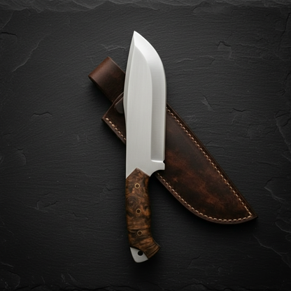 Handmade D2 steel Bowie knife stabilized burl wood handle vertical dark slate background luxury shot