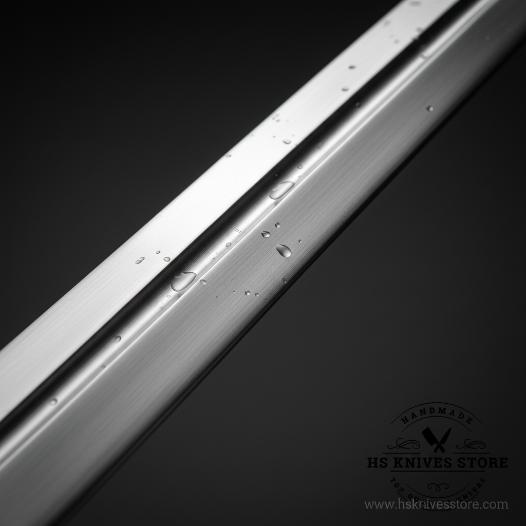 Close-up macro of D2 steel Viking sword double-edged blade showing polished mirror finish and central fuller detail