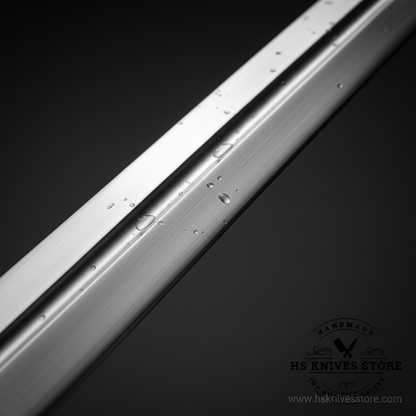 Close-up macro of D2 steel Viking sword double-edged blade showing polished mirror finish and central fuller detail