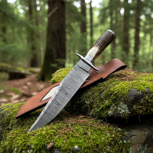 Damascus Bowie knife stag horn handle steel cross guard on mossy rocks outdoor forest hunting setting