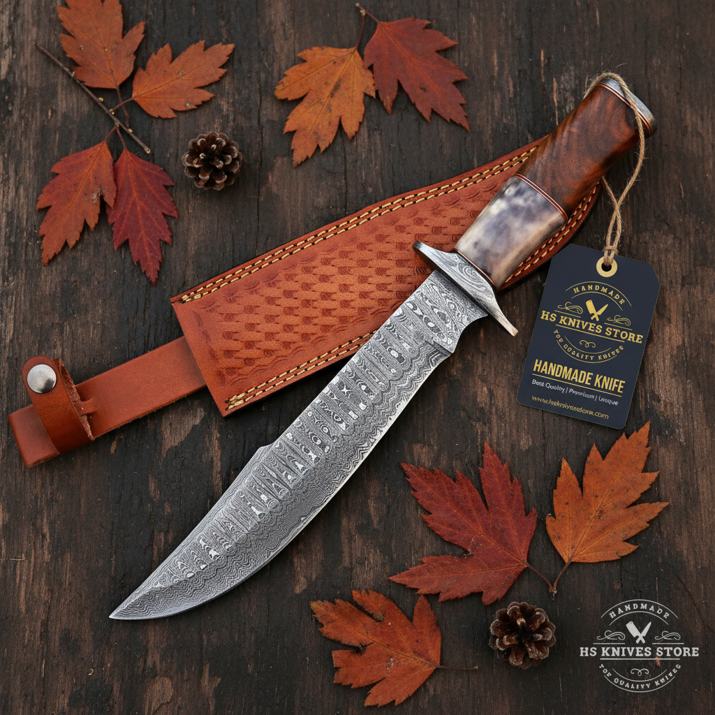Damascus Bowie knife colored bone rosewood handle flat lay dark rustic wood with HS Knives Store hang tag autumn leaves pine cones