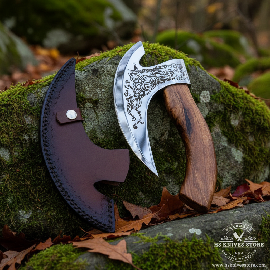 Viking pizza axe Celtic etched blade walnut handle resting on mossy rocks in outdoor forest setting clear blade visible