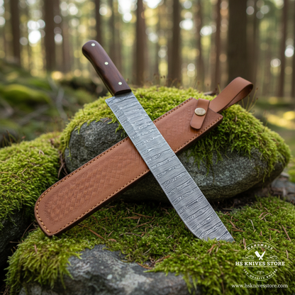 Rosewood Damascus brisket slicer and tan cross-hatch sheath resting on mossy forest rocks