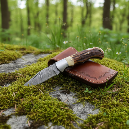 Damascus steel folding pocket knife with stag antler handle on mossy rocks outdoor nature setting