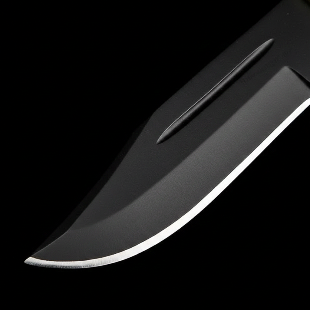 Macro black coated blade edge fuller groove handmade fixed blade hunting knife detail