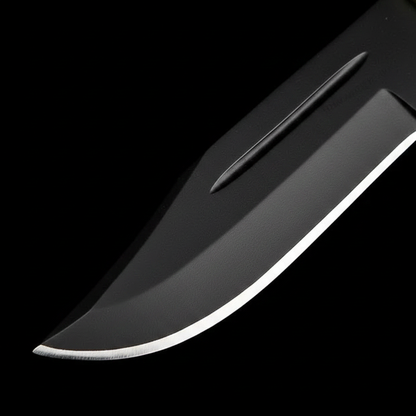 Macro black coated blade edge fuller groove handmade fixed blade hunting knife detail
