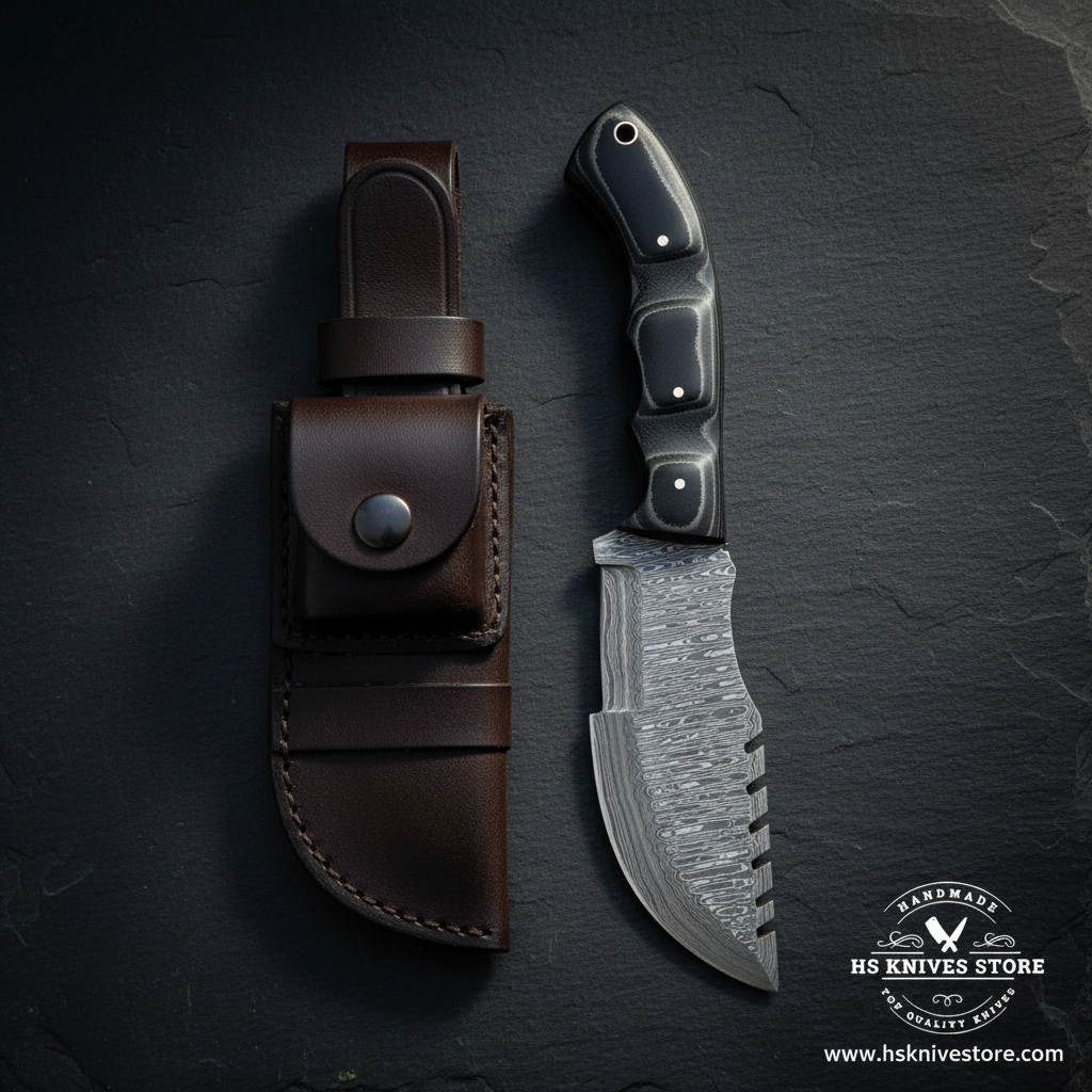 Damascus tracker knife displayed vertically on dark slate with black Micarta handle and leather sheath with pouch