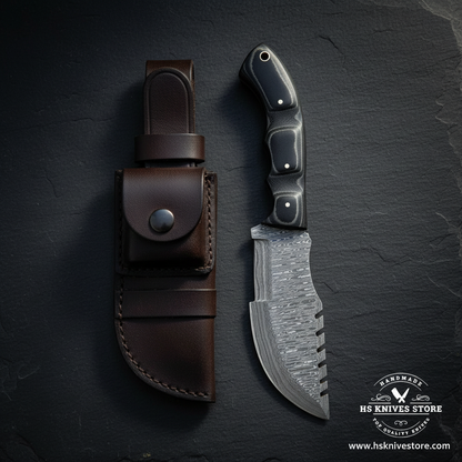 Damascus tracker knife displayed vertically on dark slate with black Micarta handle and leather sheath with pouch