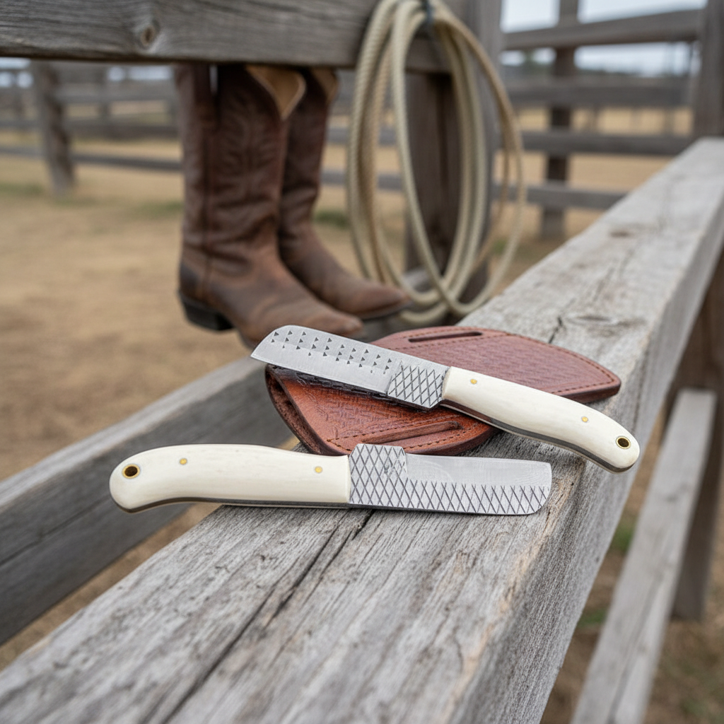 Left-side cowboy ranch angle of the same two Rasp Tool Steel Bull Cutter Knives with light bone handles