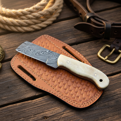 Handmade Damascus steel cowboy bull cutter knife with cross-draw leather sheath