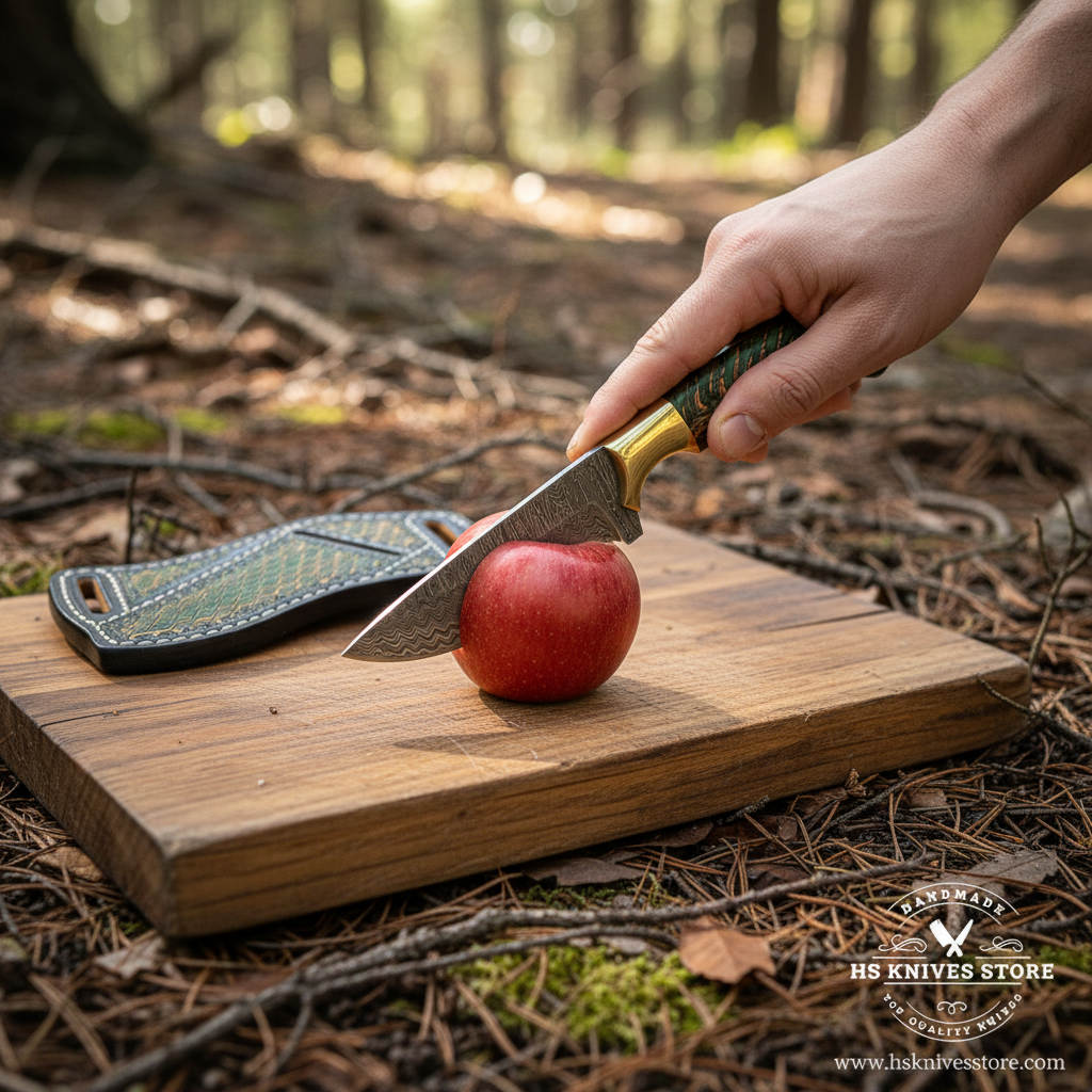Green pinecone Damascus Skinner Knife slicing an apple with one hand on an outdoor cutting board
