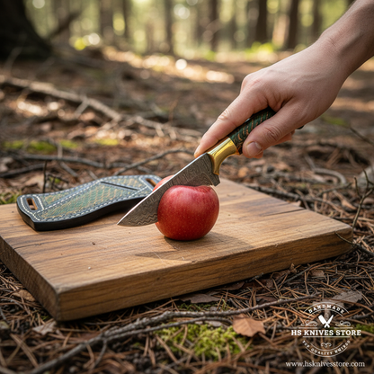 Green pinecone Damascus Skinner Knife slicing an apple with one hand on an outdoor cutting board