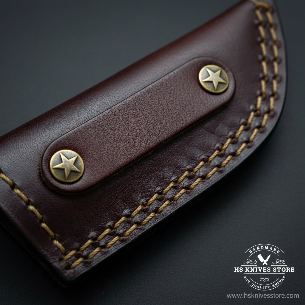 Macro close-up of dark burgundy leather horizontal carry sheath with 2 brass star concho studs and tan stitching