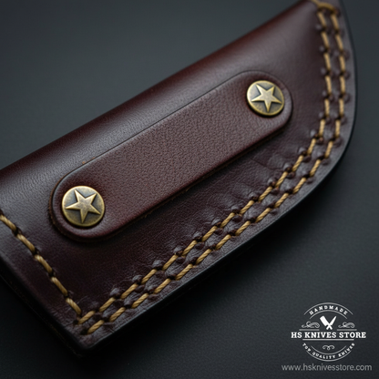 Macro close-up of dark burgundy leather horizontal carry sheath with 2 brass star concho studs and tan stitching