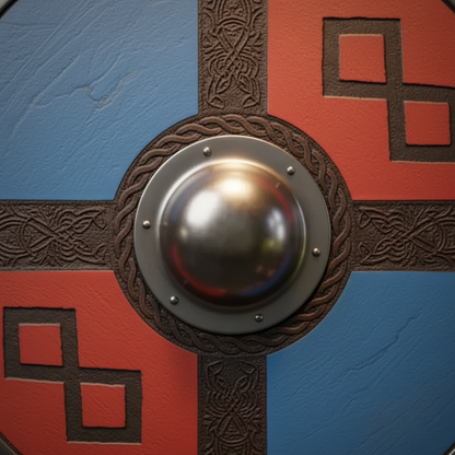 Exact red and blue Viking shield showing the raised silver center boss and carved Nordic bands in close view